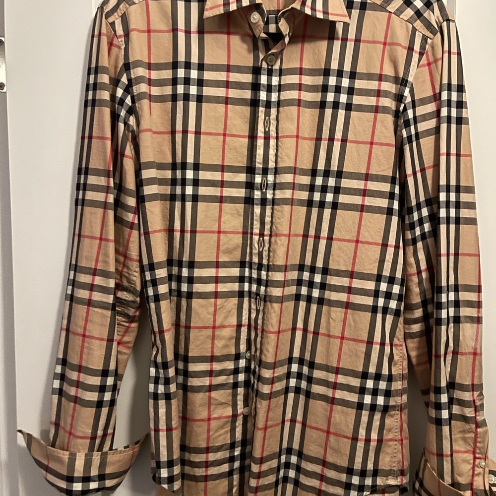 Burberry Tan and Black Plaid Men's Shirt